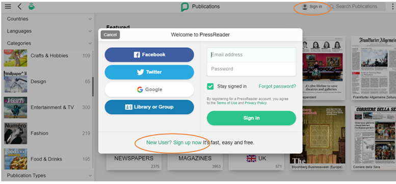 "Welcome to PressReader" pop-up dialogue box.