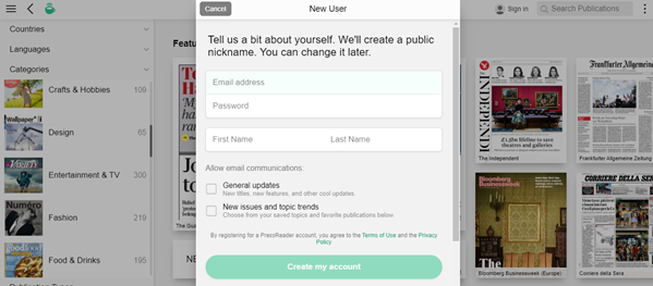 PressReader "New user" registration dialogue box.