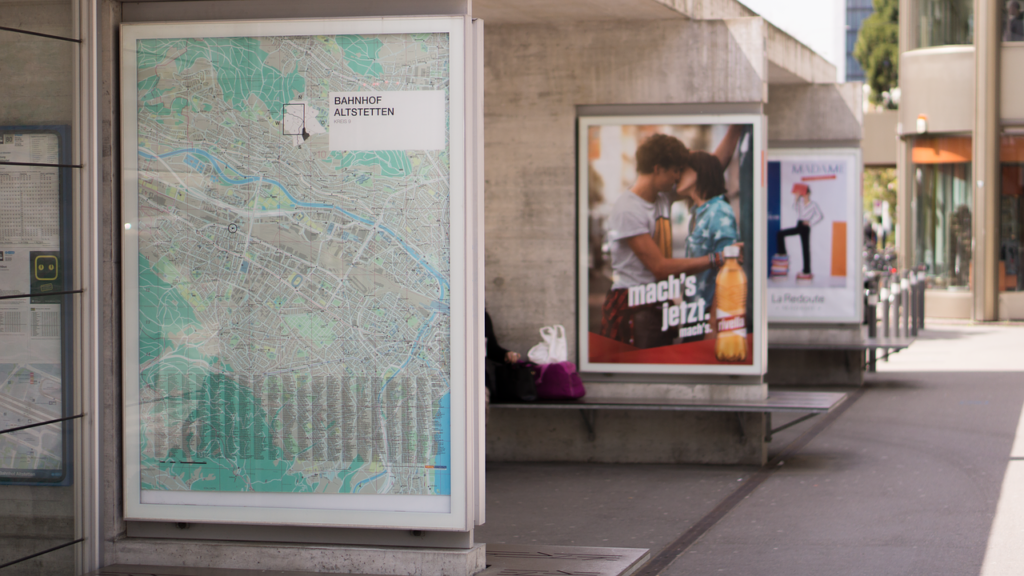 Advertising billboards outside Altstetten railway station in Germany.